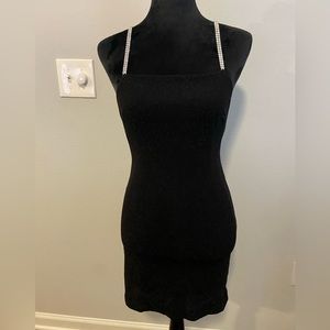🔥 - Short Low Back Black Sparkly Dress w/ Rhinestone Straps